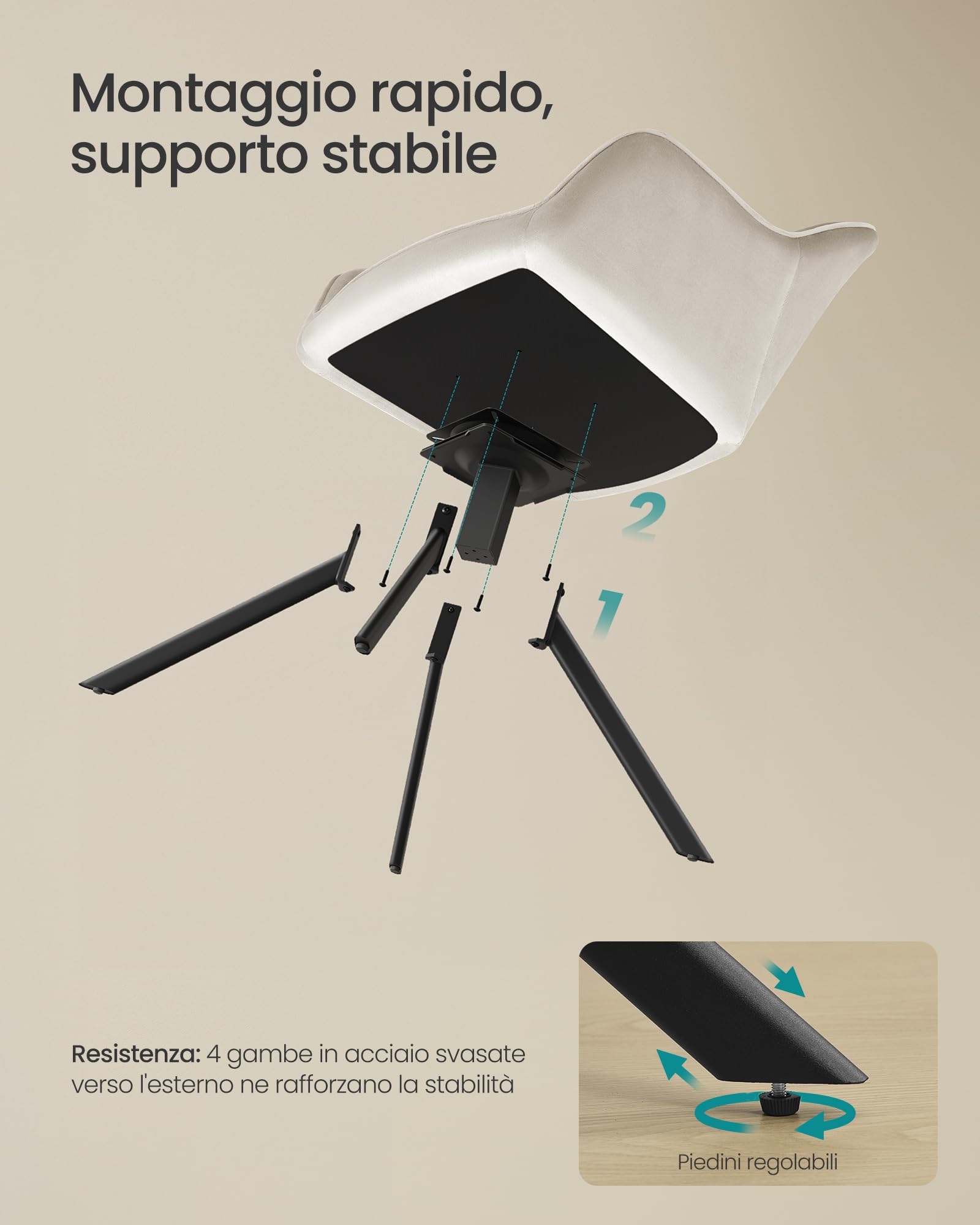SONGMICS Sedia da Pranzo, Portata 120 kg, Poltrona Girevole Imbottita con Braccioli, Velluto, Gambe in Acciaio, per Sala da Pranzo Cucina, Beige Cappuccino e Nero Inchiostro KDC161LH01V2