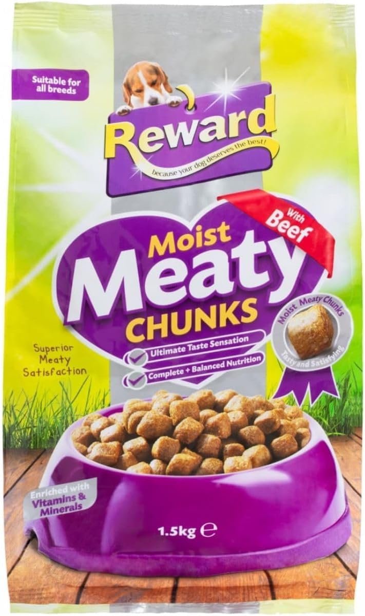 Reward Moist Meaty Chunks – Nutritious & Delicious Dog Food with Real Meat – Protein-Packed Meal for Adult Dogs – Enriched with Vitamins & Minerals - 1.5 KG (Beef)