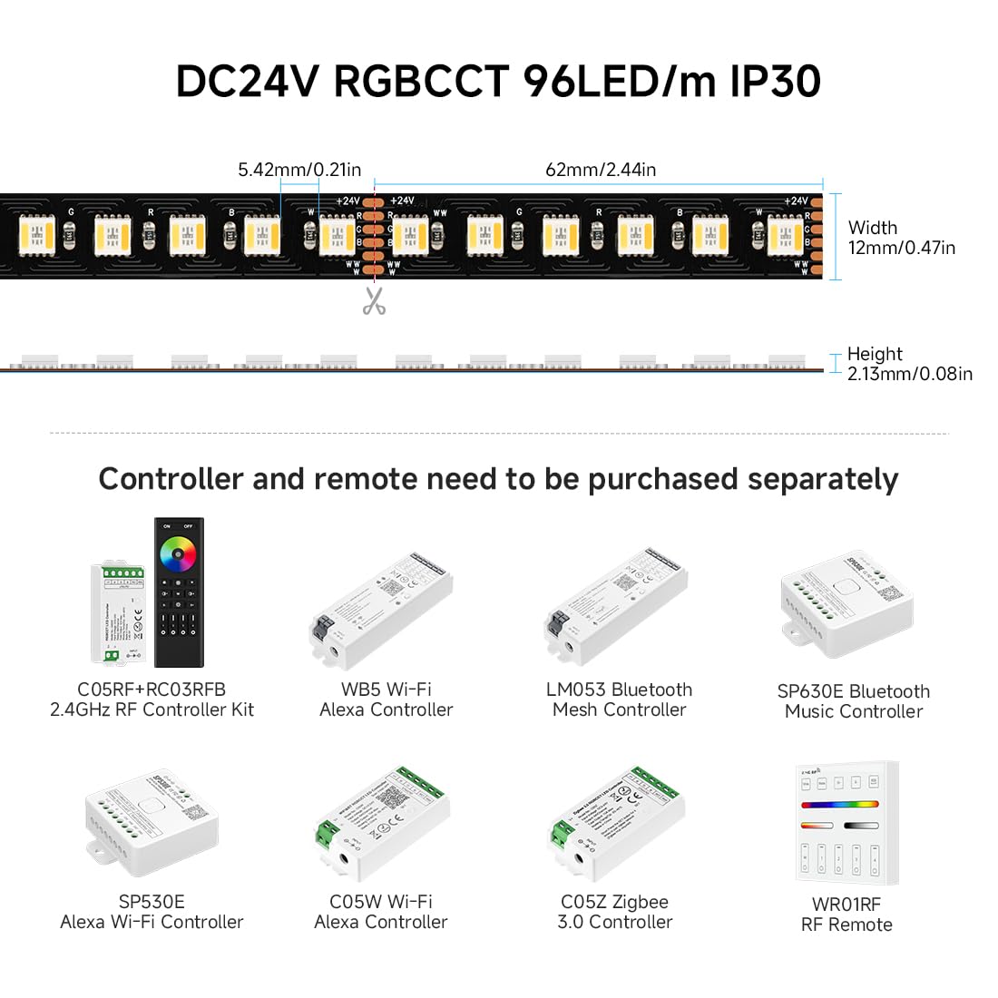 BTF-LIGHTING RGBCCT 5 kolorów w 1 5050SMD taśma LED DC24 V 5 m 96 LED/m 480 diod LED RGB + ciepła biel + zimna biel czarna PCB IP30, niewodoszczelna, do dekoracji wnętrz (kontroler i zasilacz nie