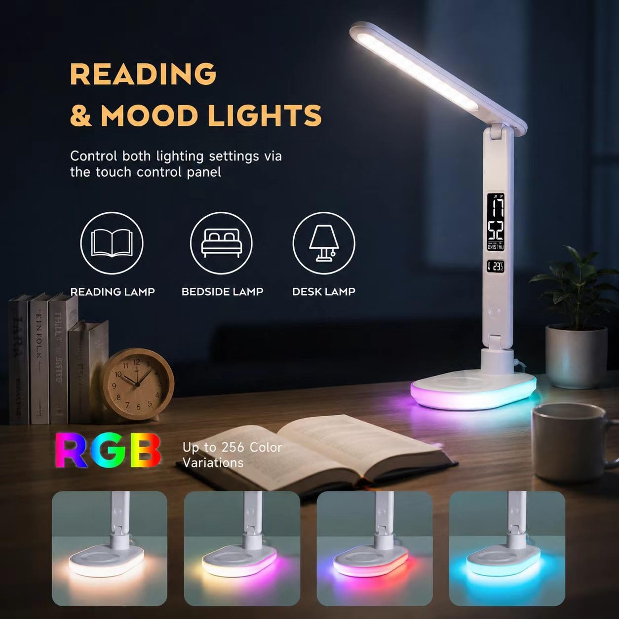 Lampe de Bureau LED 10W Dimmable Tactile avec Chargeur sans Fil, USB, Horloge, Veilleuse Couleur, LCD, Blanc