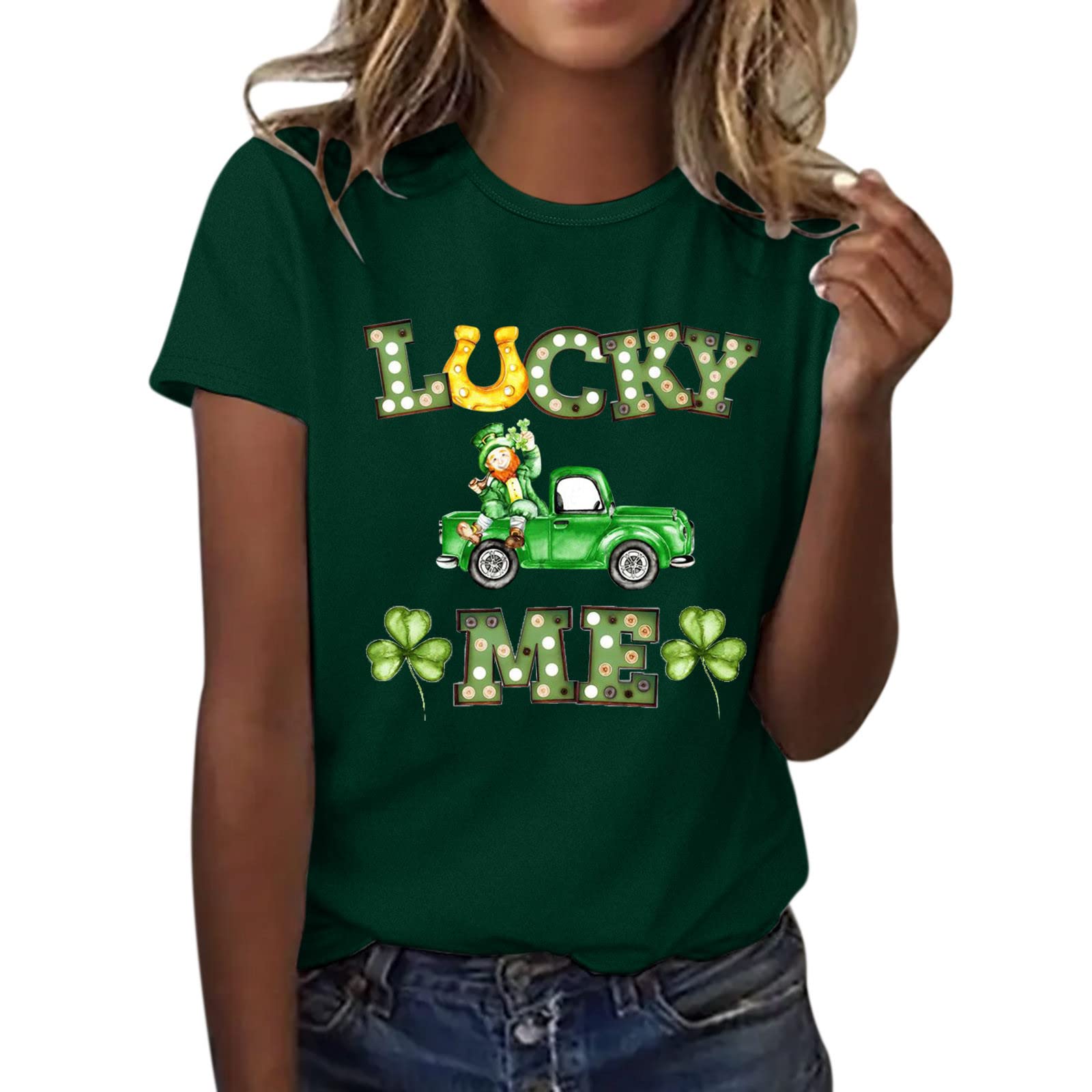 WNVWAPZY Lucky Me Shirt Women's Plus Size St Patricks Day Shirts Crewneck Short Sleeve Casual Tunics Cute Funny Graphic Tops