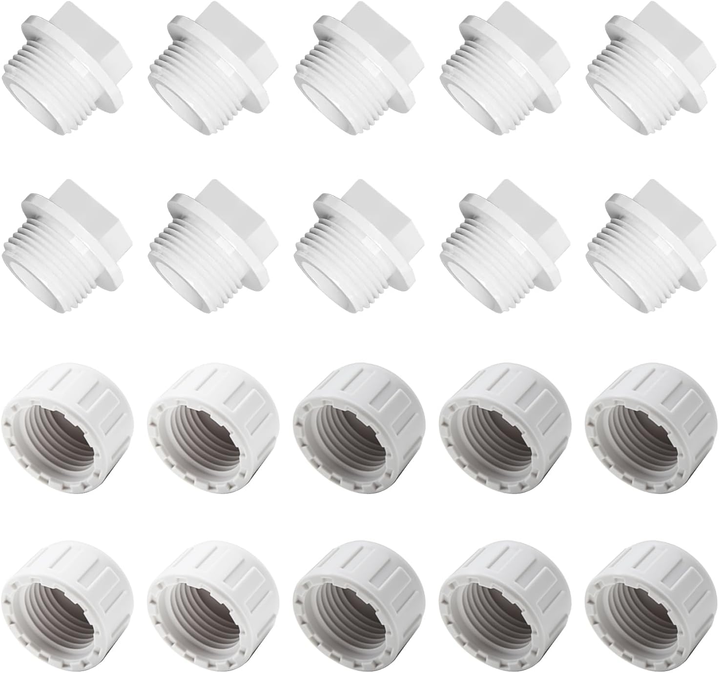 10 Pack 1/2" PVC NPT Male Threaded Pipe End Cap Plug + 10 Pack 1/2" End Female Thread Pipe Plug Adapter, Fit for 0.5inch Pipe, Adapter for Plumbing Water Line, Sprinkler Head Cap, DIY Projects