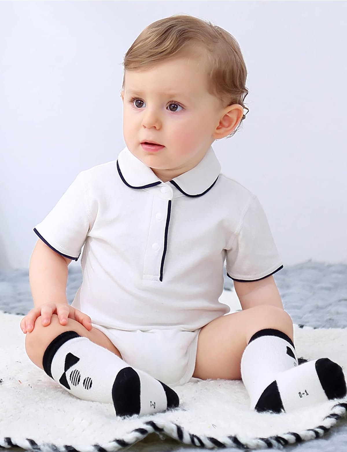 ShoKids Baby Boy Bodysuit, Organic Cotton Peter Pan Collar One Piece Outfit 6-12 Months