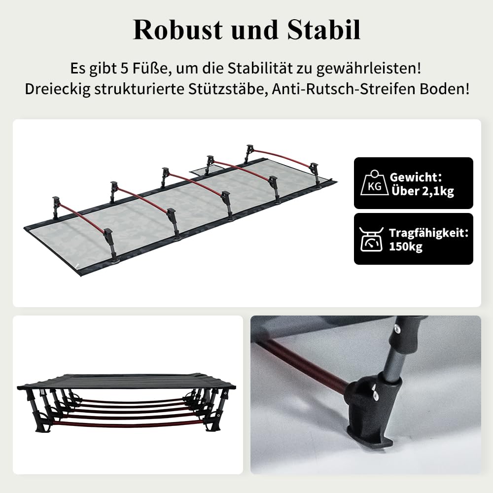 TOMOUNT Feldbett Ultraleichtes 190x70cm Camp Klappbett aus Aluminium Kompaktes Campingliege einfach zu Bauen belastbare Campingbett für Zelten, Outdoor Wanderung, Reisen, Strand - Tarnschwarz