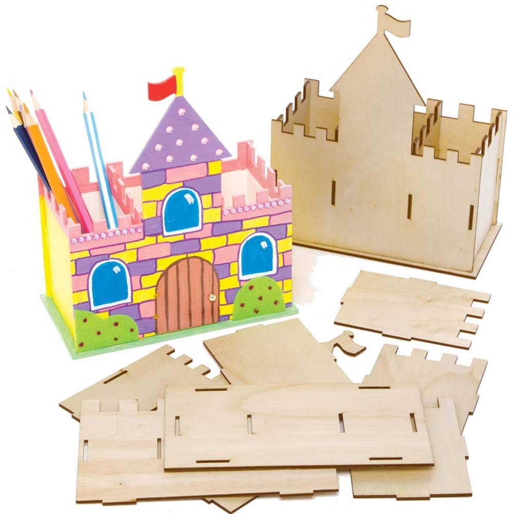 Baker Ross FE275 Castle Wooden Pen Pot Kits - Pack of 2, Wooden Crafts for Children to Decorate and Display, Desk Organisers for at Home and School, Brown