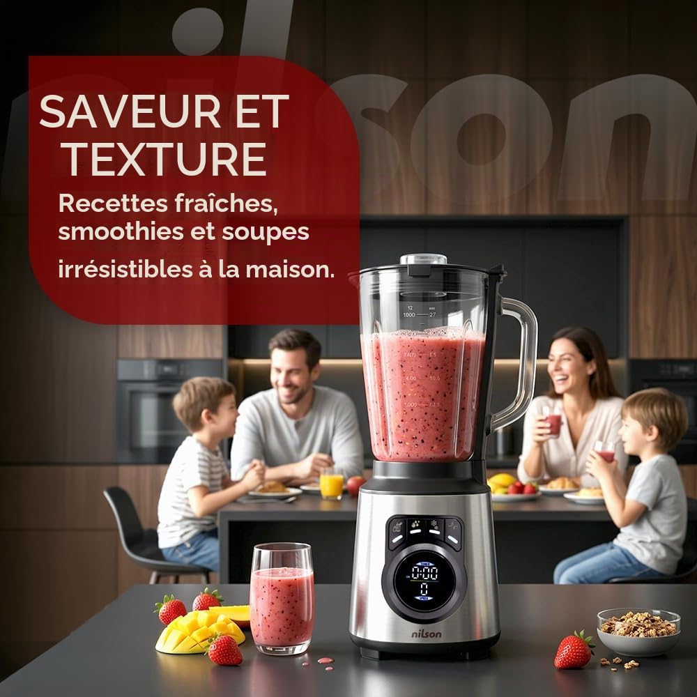 Mixeur Nutritionnel, 1200 W, Puissance Maximale, Capacité 1,5 L, 9 Vitesses, Affichage LED Manuel, Broyage, Mélange et Hache Glace, Fonction Turbo, NTB1200DX, Câble 80 cm, Inox