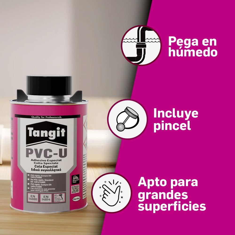 Tangit PVC-U Pegamento para Tuberías con Pincel, Transparente, Lata, 500 g | Para Tuberías, Planchas y Perfiles PVC Rígido, Antifugas, Conforme ES 14814/14680, Uso en Saneamiento, Riego y Construcción