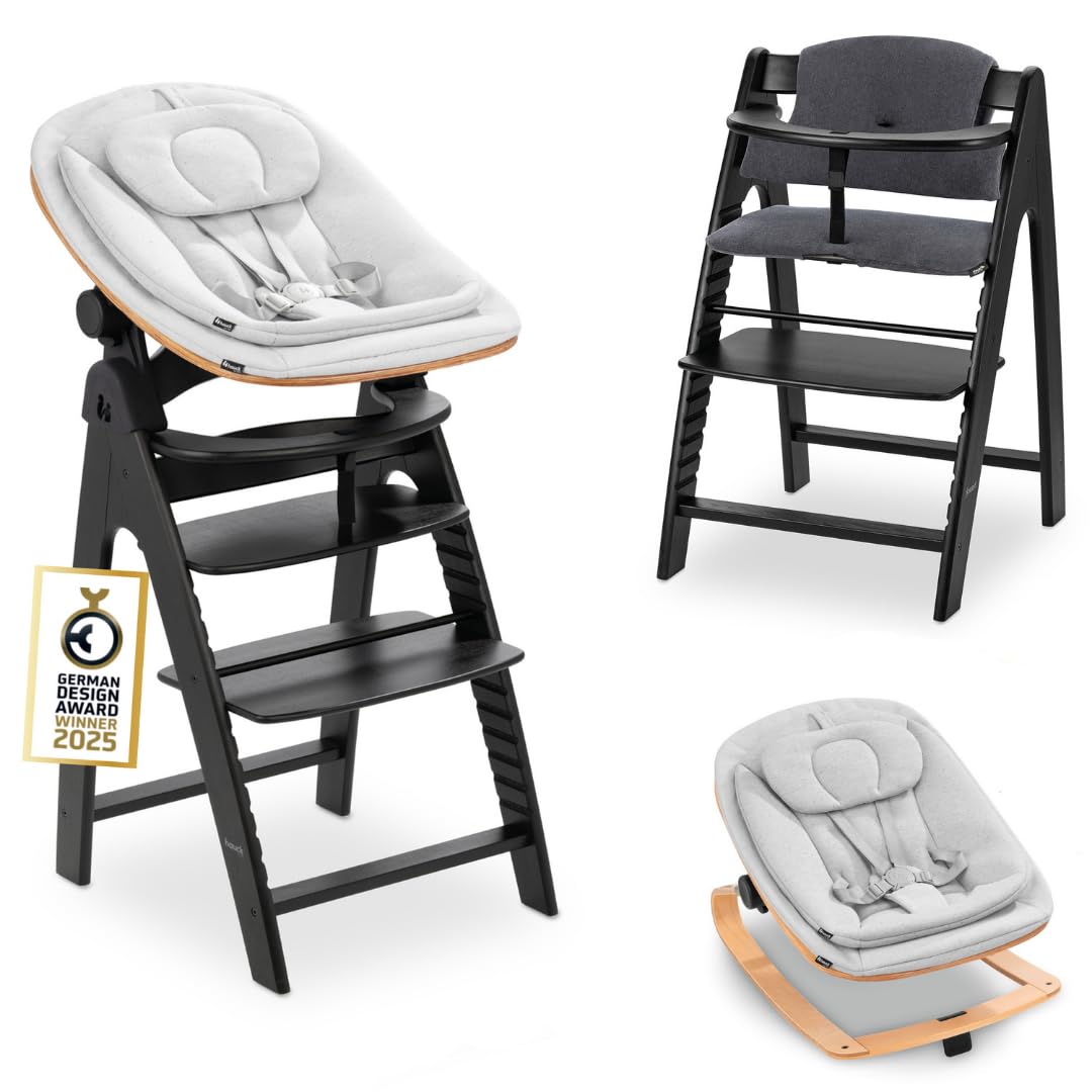 hauck Seggiolone Pappa Arketa Newborn Set Eco Bouncer – Seggiolone Evolutivo Legno Regolabile per Crescere insieme fin dalla Nascita, incluso Sdraietta Neonati e Cuscino (Faggio - Blackwashed)