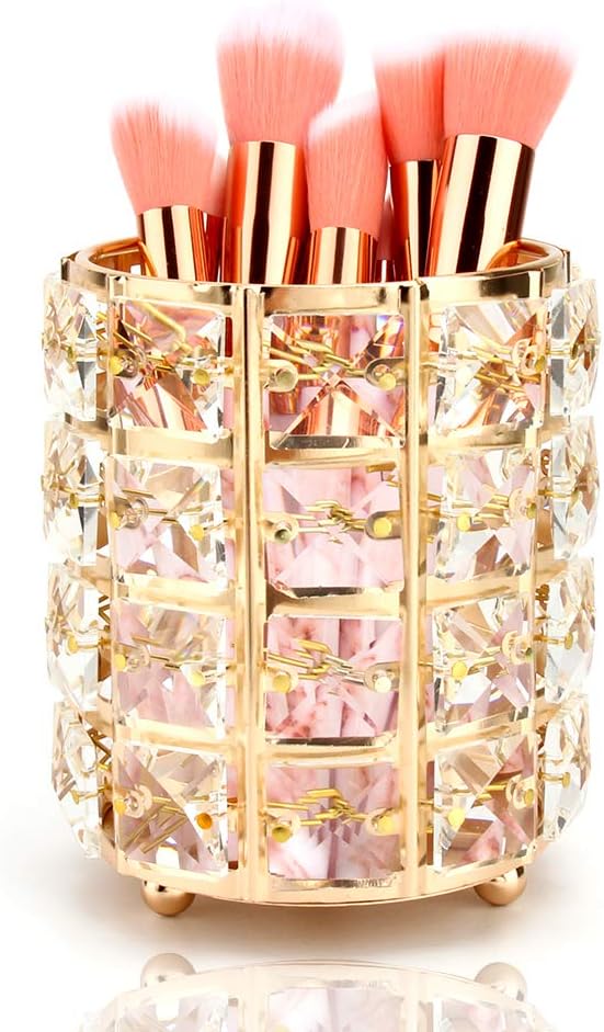 Porte-Pinceau de Maquillage en Cristal,Rangement en Cristal Pot à Crayons Porte-Stylo Rangement de Outils Maquillage Brosse Titulaire Forme Ronde (D'or