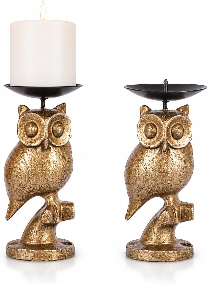 Gold Owl Small Candle Holders, Set of 2, 5 Inch | Gold Finish, Owl Shape, Fits Taper & Small Pillar Candles, Lightweight, Table Décor, Giftable