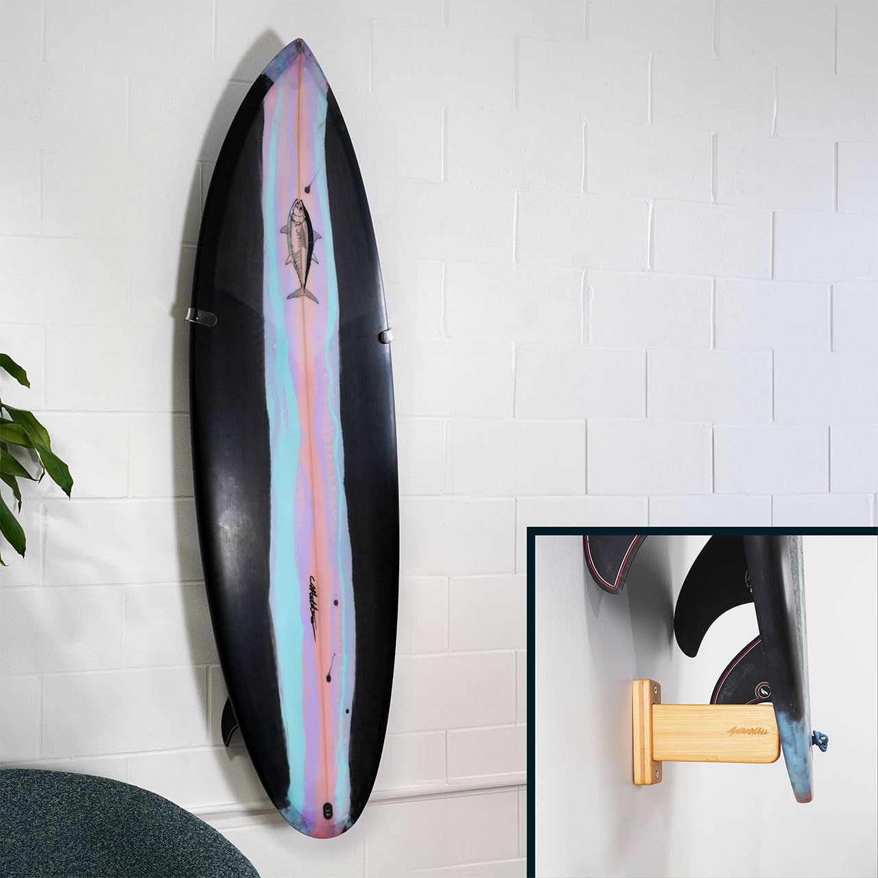 GNARWALL Surfboard Wandhalterung - Bambus Tip-Up Rack mit Finnenhalterung