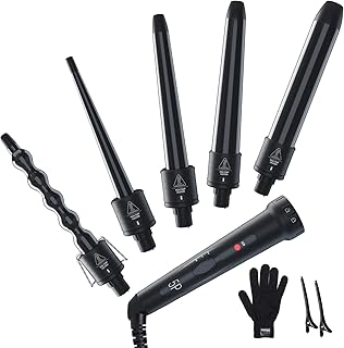 5 in 1 Curling Iron Wand Set, Ohuhu Upgrade Curling Wand 5Pcs 0.35 to 1.25 Inch Interchangeable Ceramic Barrel Heat Protective Glove, Dual Voltage Hair Curler for All Hair Type, Black