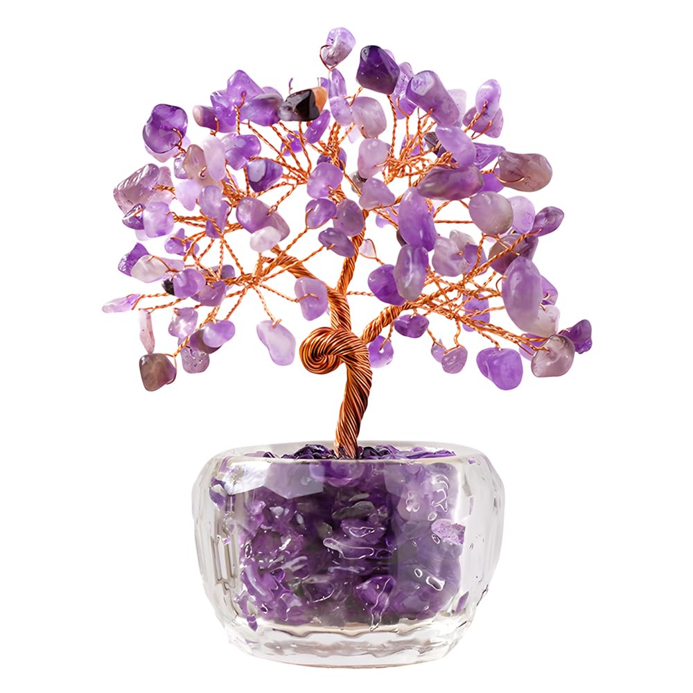 JOAASU Amethyst Crystal Tree Healing, Healing Crystal Tree with Glass Base, Crystals Trees of Life, Gemstone Money Trees for Positive Energy, Money, Good Luck Birthday Gifts for Women, Men