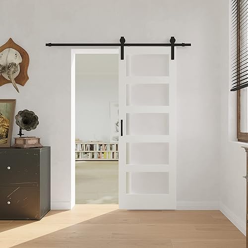 Puerta corredera blanca de granero de 30 x 84 pulgadas, puerta de granero de vidrio esmerilado de 5 paneles con kit de herrajes deslizantes y manija