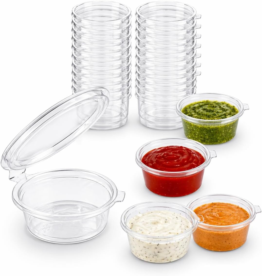 1Above Clear 100 Pack Plastic Sauce Pots With Hinged Lids – Small Disposable Deli Containers For Takeaway, Chutney, Ketchup, Sauces & Dressings (100, 1Oz)