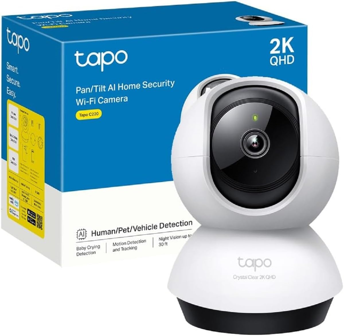 Tapo C220 - IA Cámara Vigilancia 360°, 2K 4MP QHD, Inteligente de IA, Visión Nocturna, Audio Bidireccional, Detección Movimiento, Admite Tarjeta SD 512G, Control Remoto, Fácil configuración