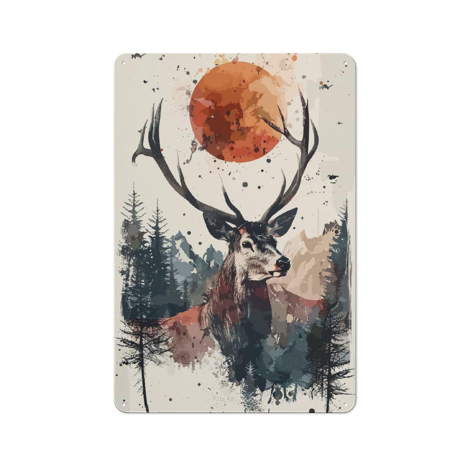 Metal Plaque with Deer Forest Sun Watercolor Design 30x20cm, Country Style Cafe Wall Decor for Bakery, Diner, Cafe Or Family Room