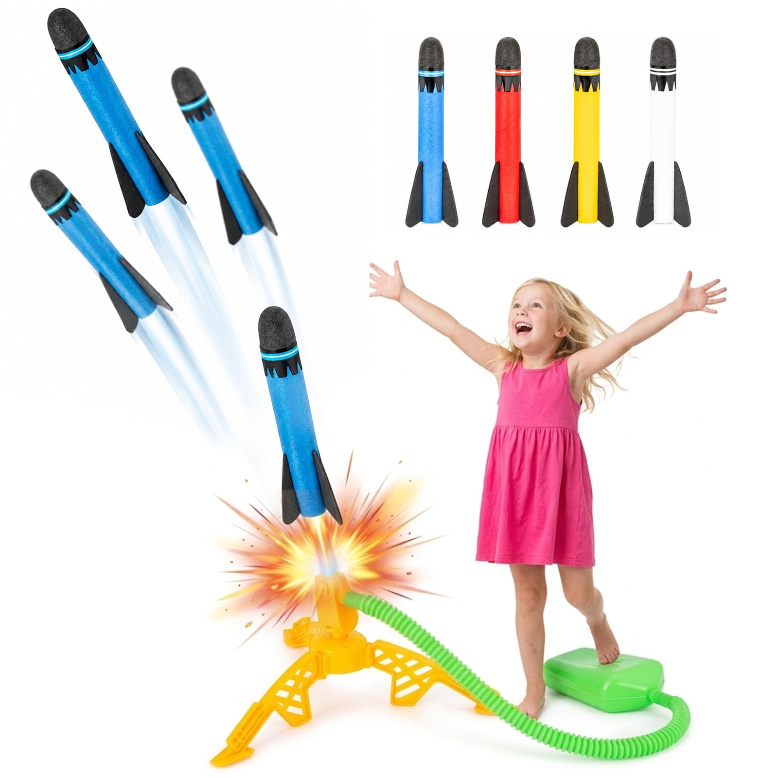 EVERGOODS 4pcs Foam Rocket Toy Launcher Set – Safe Kids Outdoor Toys for Boys & Girls Age 3-12, Fun Garden Play, Birthday, Easy Assemble Rockets