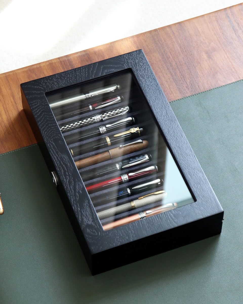 Stift-Vitrine aus Holz, 12 Stifte, Füllfederhalter-Präsentationsbox, abschließbare Stift-Aufbewahrungsbox mit Glas und High-End-Hardware, Stiftebox, Organizer, Stiftsammlungs-Vitrine (schwarz