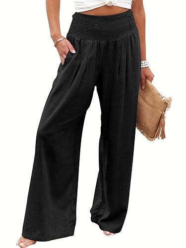 ANRABESS Women Linen Palazzo Pants Summer Boho Wide Leg High Waist Casual Lounge Pant 2025 Beach Travel Vacation Outfits - Black - Large