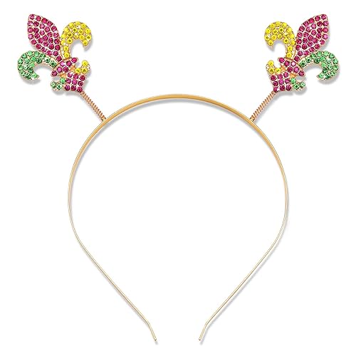 NVENF Diadema de Mardi Gras con diamantes de imitación de flor de lis, máscara de letras de carnaval, aro para el cabello, accesorio para el cabello