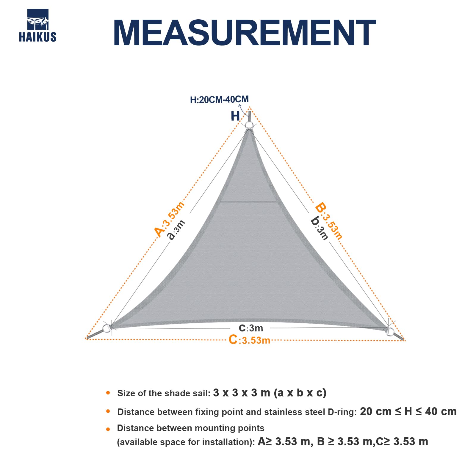 HAIKUS Tenda a Vela Impermeabile Triangolare 3x3x3 m, Protezione Raggi UV 98%, Telo Ombreggiante Triangolo 3x3 x3m, Tenda da Sole per Esterno Giardino Terrazzo, Bianca beige