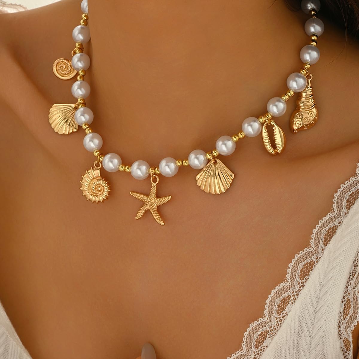 Seashell Necklace Beach Jewelry for Women Starfish Fish Necklace Boho Pearl Choker Sea Shell Necklaces for Women Beach Necklaces Summer Vacation Jewelry - Image 6