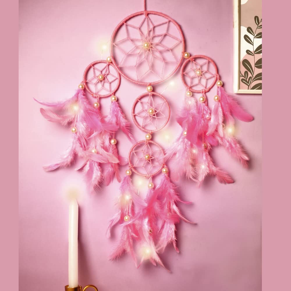 Rooh Dream Catcher ~ Pastel Pink 4 Tier with LED lights~ Handmade Hangings for Positivity (Can be Used as Home Décor Accents, Wall Feather Hangings,Meditation Room, Yoga Temple, Windchime)