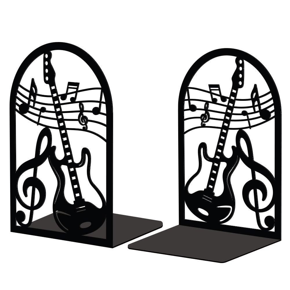 Peacoblue Fermacarte In Metallo Blu Pavone per Scaffali Decorativi, Moderne Creativo Ferma-Libri Resistente per Scrivania Scaffale, Coppia (Chitarra e Nota Musicale)
