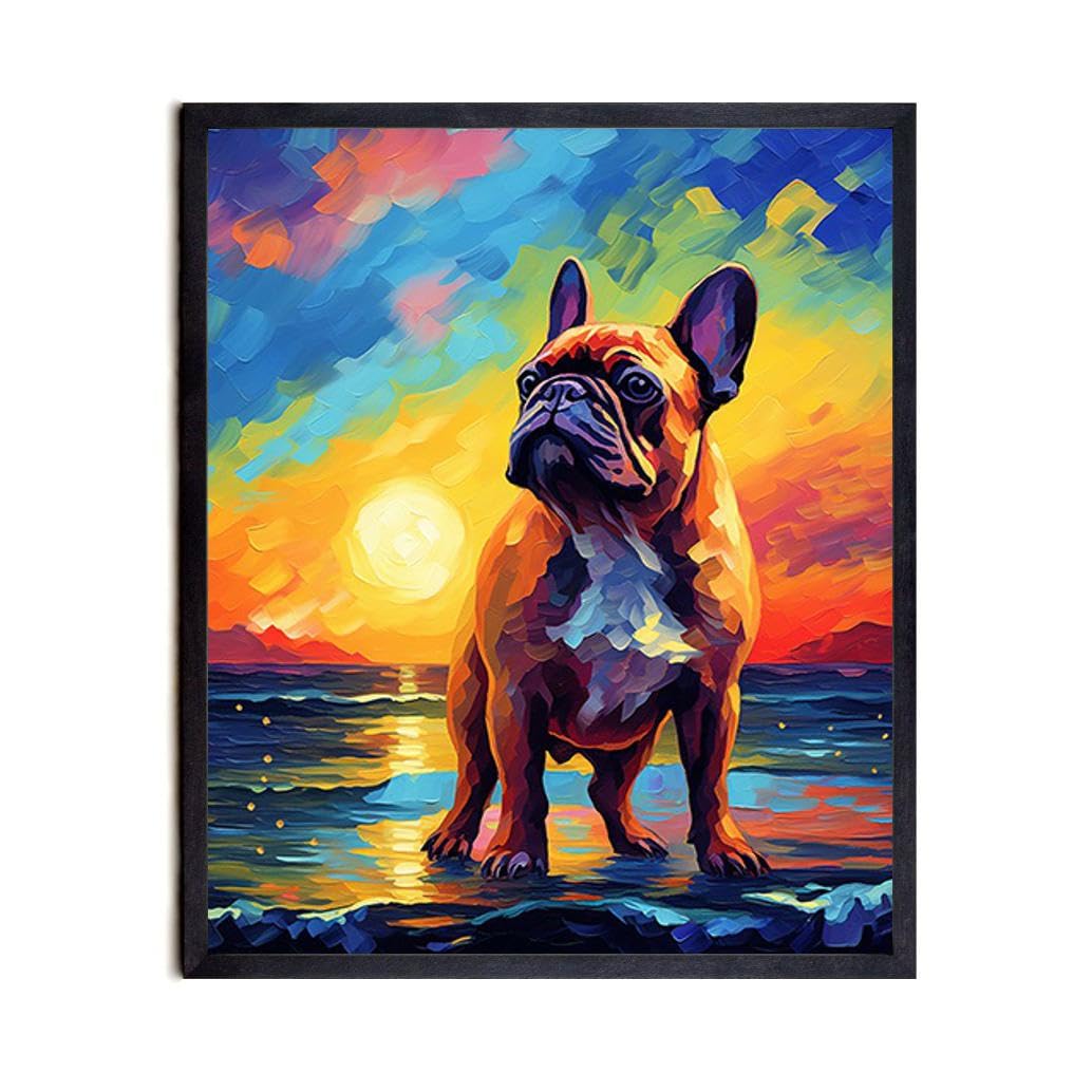 Bestbuddy Pet 11X14 Unframed Starry Night Van Gogh Inspired French Bulldog Ocean Beach Dog Pet Family Oil Painting Art Print Poster Wall Decor AP096