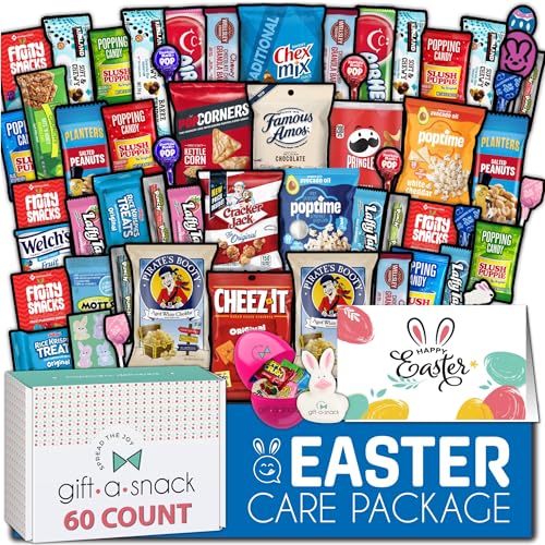Image of Gift A Snack - Easter Candy Filled Egg & Bunny - Snack Box Variety Pack Care Package + Greeting Card (60 Count) Sweet Treats Gift Basket, Candies Chips Crackers Bars - Office Food Assortments