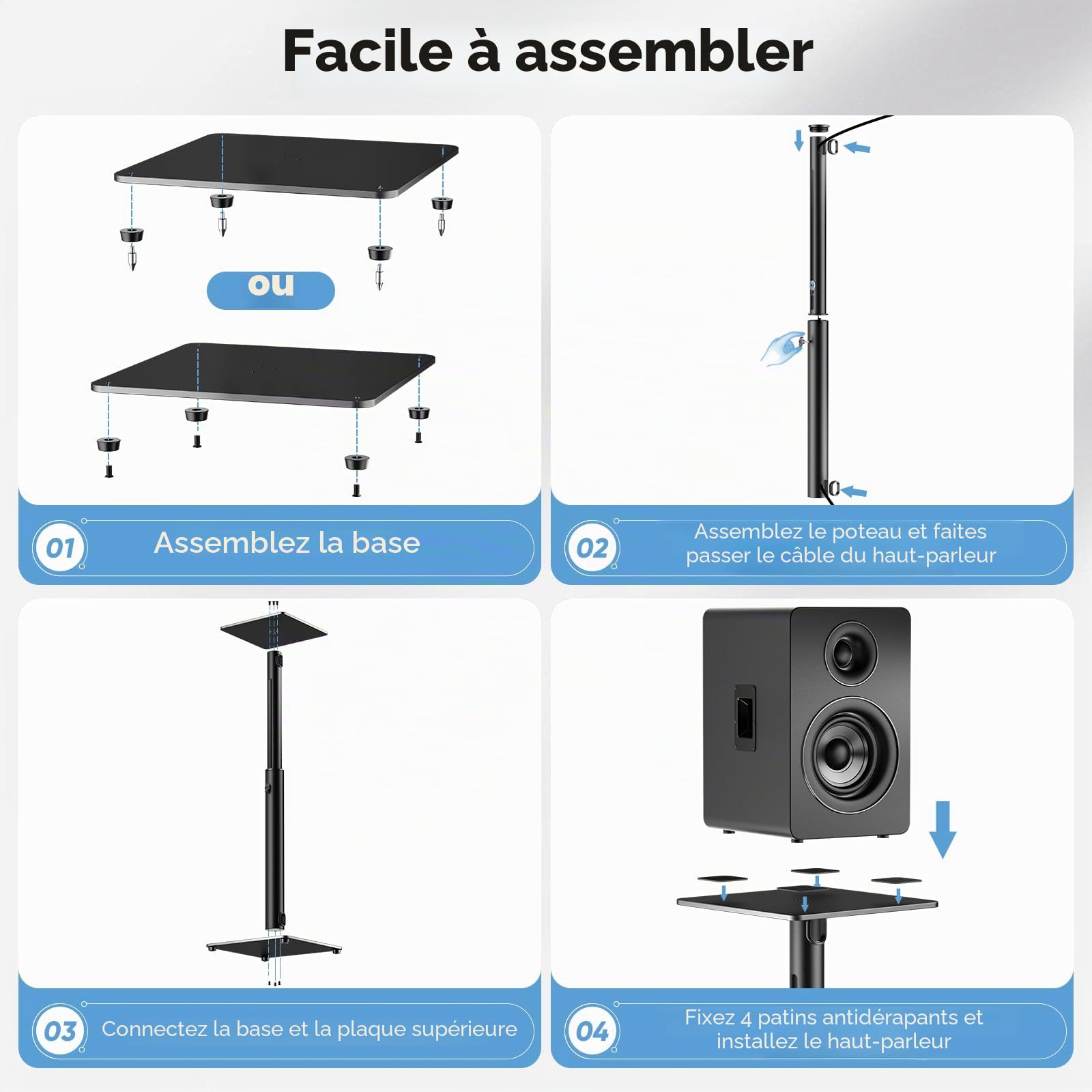 1 paire de supports d'enceintes universels réglables en hauteur de 72 à 120 cm avec gestion des câbles stable, capacité de charge de 15 kg