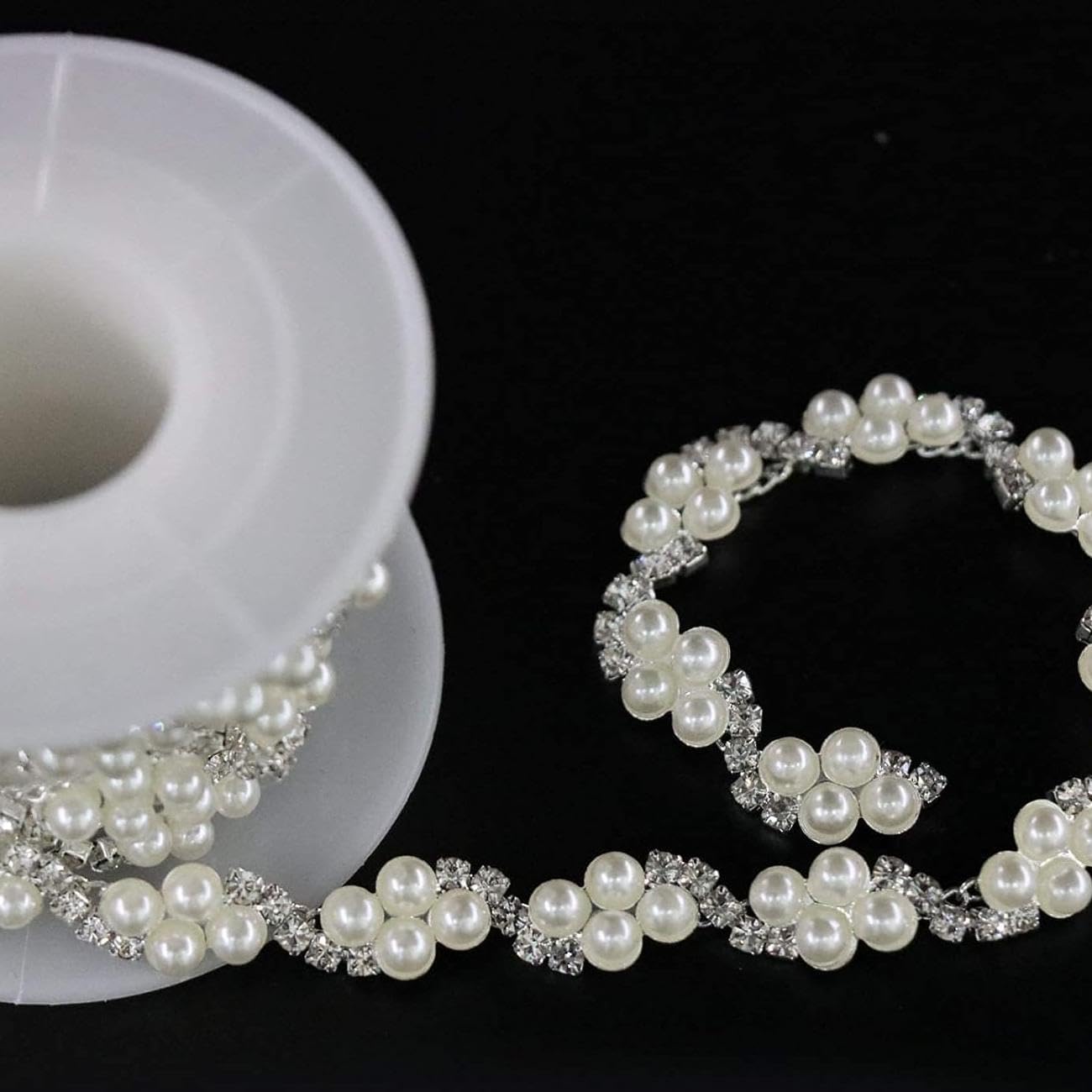 Jerler 2 Yard Pearl Rhinestone Trim, Inlaid Pearl Beaded Chain, Crystal Applique Ideal for DIY and Wedding Party Decoration Bridal Embellishments, 0.3" Width (Wave Pearl, 2 Yards)
