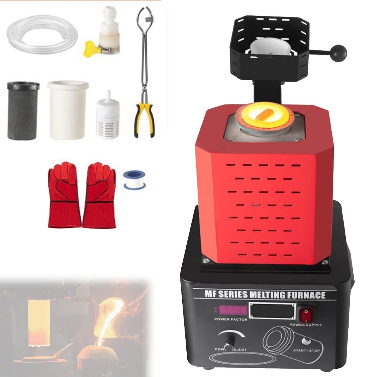 YXYLJOZ 1600℃ Electric Melting Furnace - 9500/9980W Digital Metal Melter with Graphite Crucible & Ingot Mold for Scrap Metal - 2KG Capacity (Red) (Red 3KG)