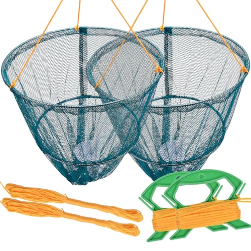 A1FISHER Set of 2 Crab Drop Net with Bait Bag & Rope & Line Handle for Catching Crab Fish Prawn Crayfish Lobster Portable Crabbing Kit for Outdoor Green W30cm x H25cm