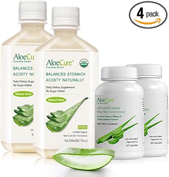AloeCure Organic Aloe Vera Digestion Pack - 4 Pieces - 2 x 500ml Natural Flavor Juice, 2 x 60caps Aloe Vera Capsules