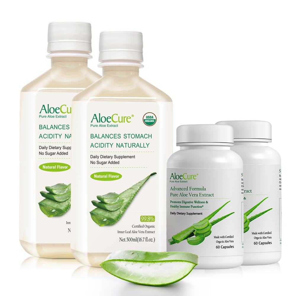 AloeCure Organic Aloe Vera Digestion Pack - 4 Pieces - 2 x 500ml Natural Flavor Juice, 2 x 60caps Aloe Vera Capsules