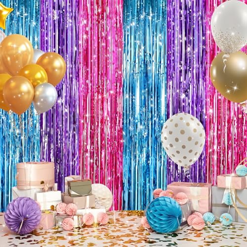 Image of 2Pack Blue Purple Pink Party Streamers, Blue Metallic Tinsel Streamers for Birthday Wedding Party Decors Graduation Baby Shower, Photo Booth Props for Bachelorette Decors Xmas Halloween Party Backdrop