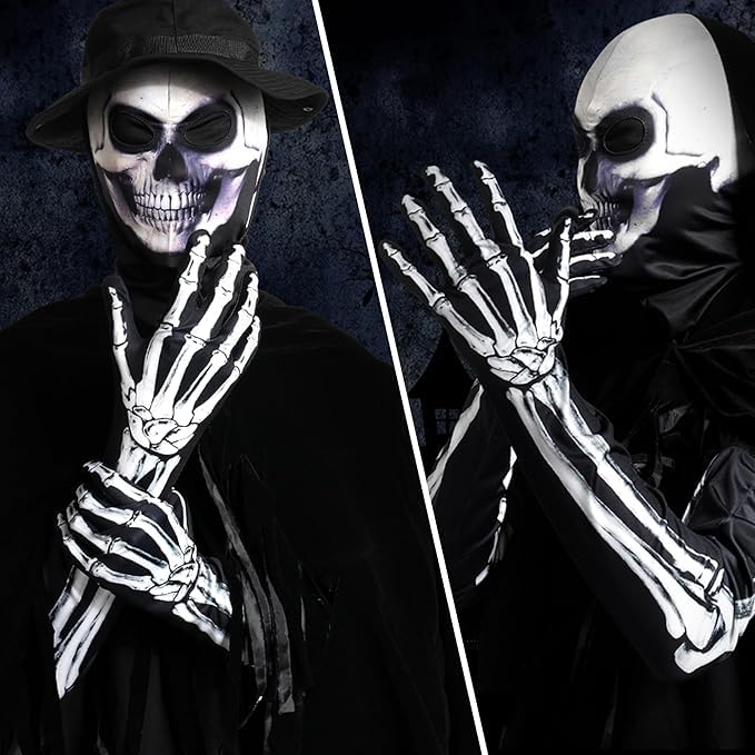 WTACTFUL Skeleton Gloves for Men Women Full Finger Bone Long Arm Length Gloves Ghost Skull for Halloween Party Dance Costume 03 - Image 2
