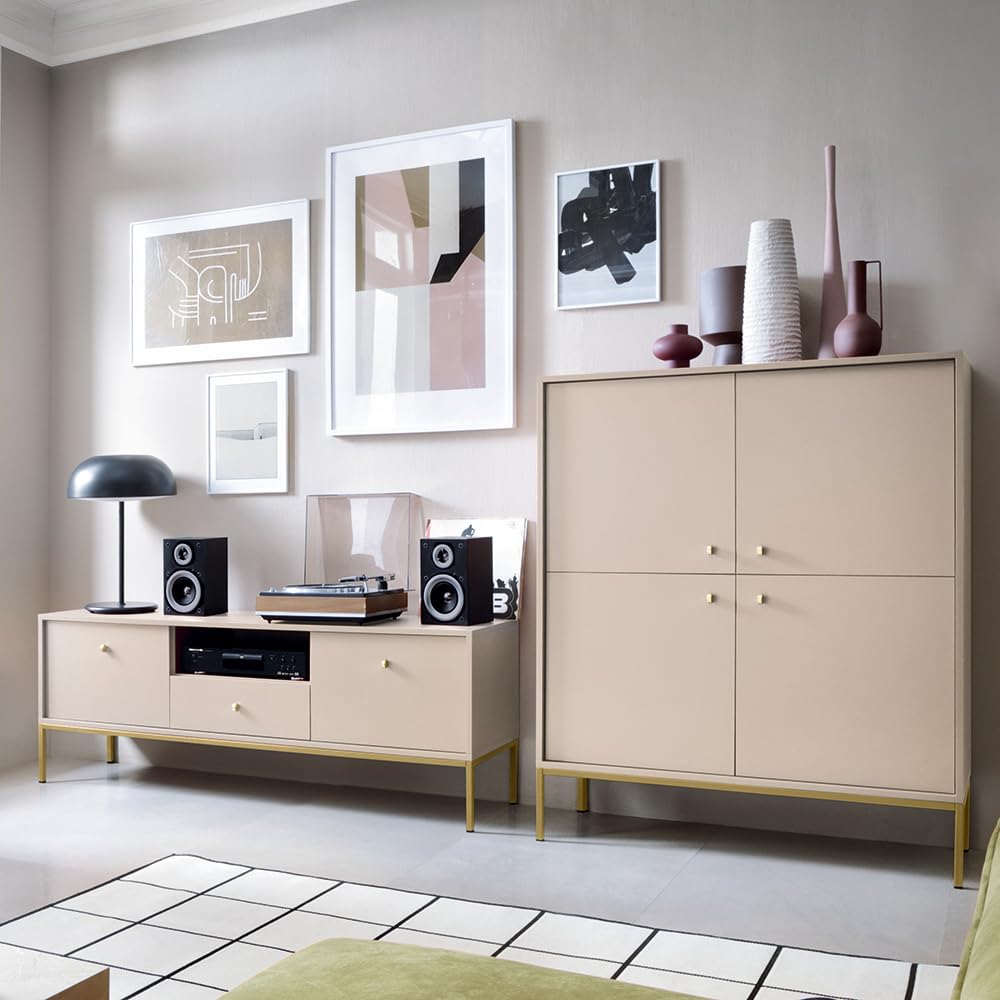 Lomadox Wohnzimmermöbel Wohnwand beige, Fußgestell goldfarben 2-teilig, 1 Lowboard, 1 Highboard