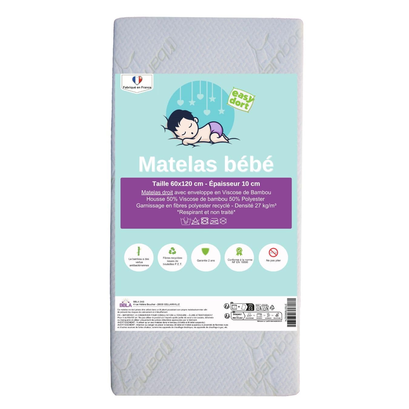 Easy Dort Praktyczny zestaw dla niemowląt | Materac 60 x 120 Łóżeczko Parasolowe + 3 prześcieradła Pokrowiec z bawełny organicznej + 2 prześcieradła z bawełny organicznej | Kompletny zestaw do