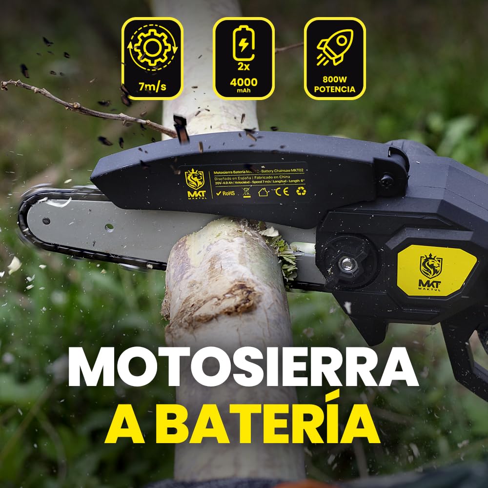 MAKTUL Mini Motosierra Bateria 6‘’/15cm, 8000 mAh (2 Baterías 4000mAh 20V), Sierra Eléctrica Cortar Podar Árboles Jardín, Motosierra de Mano con Accesorios Herramienta Jardinería Podadora Ramas Madera