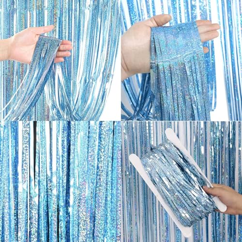 Miniatura 3 de Oemg Cortinas De Espumillón Metálicas De Oropel 4 Pack Streamer Azul Telón De Fondo Cortina De Borla Fringe Cortina De Brillo Para Decoraciones Boda Fiesta De Cumpleaños 1x2,5m
