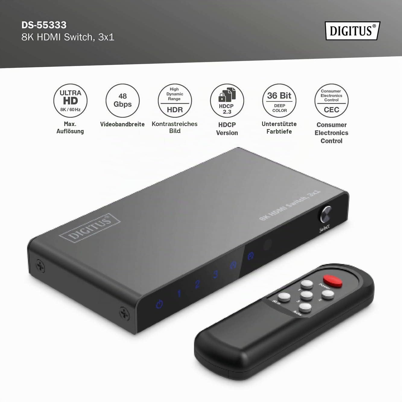 DIGITUS HDMI Switch 3x1 – 3 In 1 Out – UHD 8K 60 Hz – HDCP 2.3 & HDMI 2.1 | HDR, CEC, Deep Color, DTS, Dolby Digital, LPCM – Für TV, Monitor, Spielekonsolen