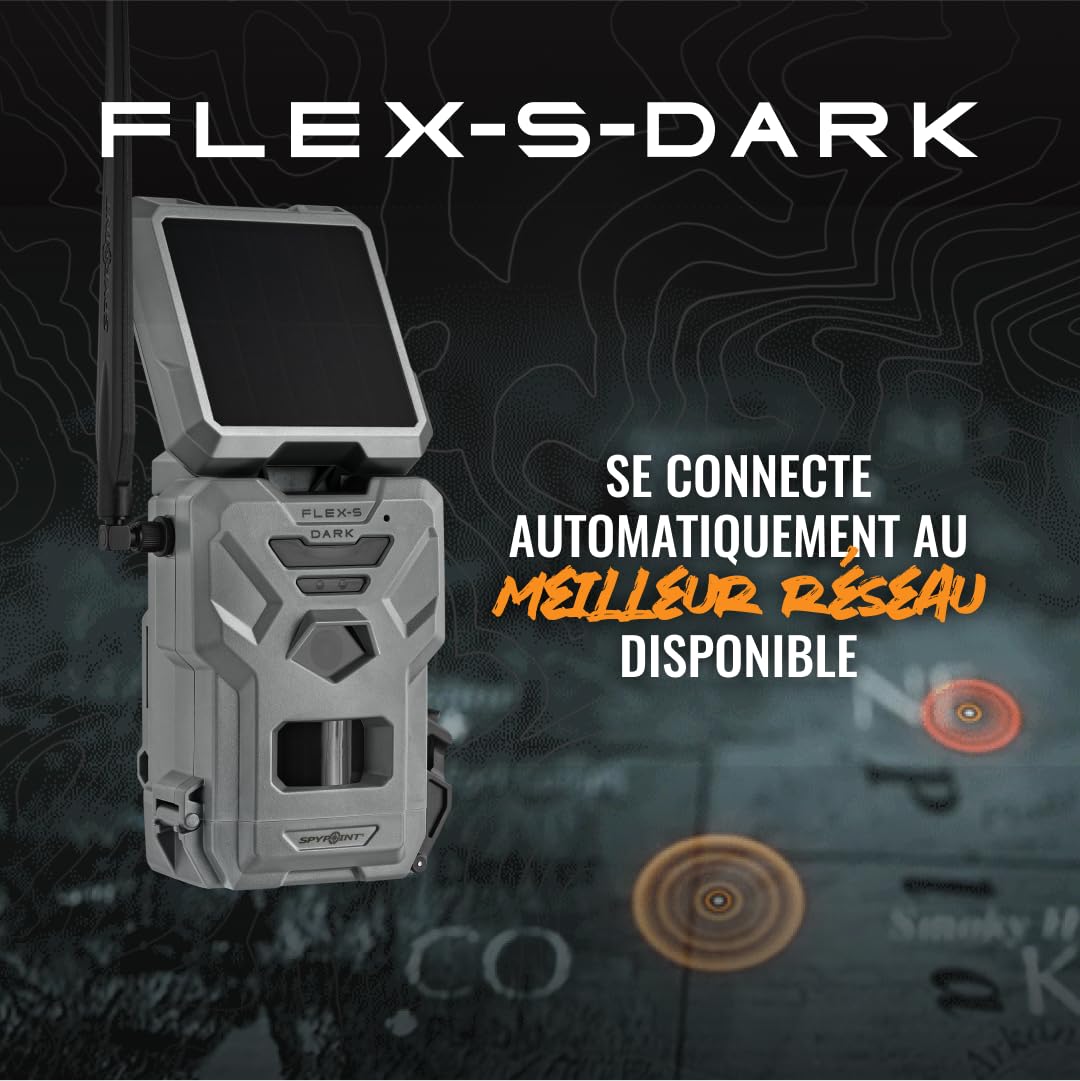 SPYPOINT Flex-S-Dark Caméra de Chasse cellulaire Solaire, Panneau Solaire intégré, Photos 40MP, vidéos 1080p avec Son, caméra sans Lueur Infrarouge, Vision Nocturne, détection de Mouvement | Provenance France. Emballage securisé. Livré avec Facture dont T