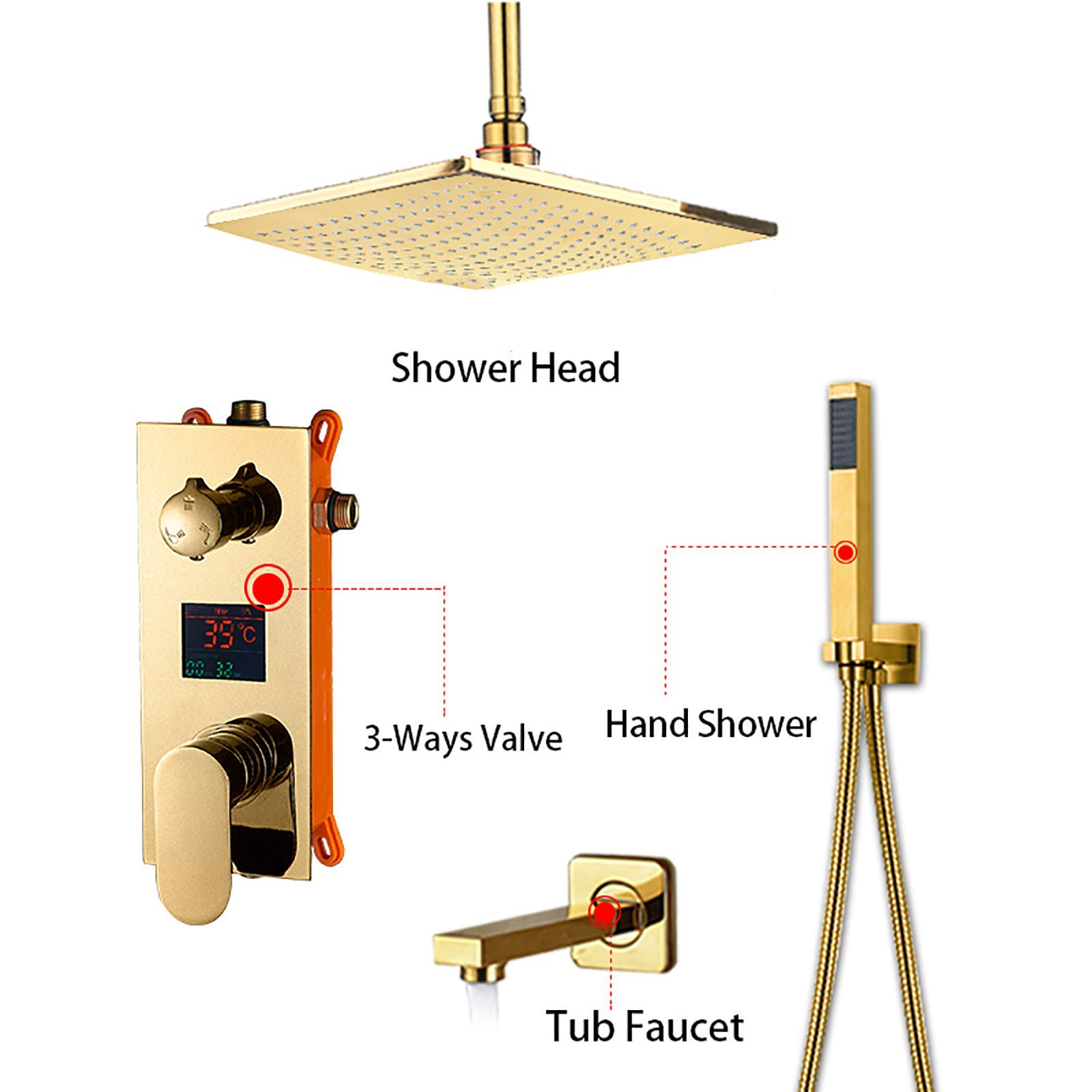 Juego combinado de ducha con pantalla digital, mezclador de lluvia dorado, juego de grifo de ducha montado en el techo con cabezal de ducha de 12 pulgadas, ducha de mano, boquilla de bañera