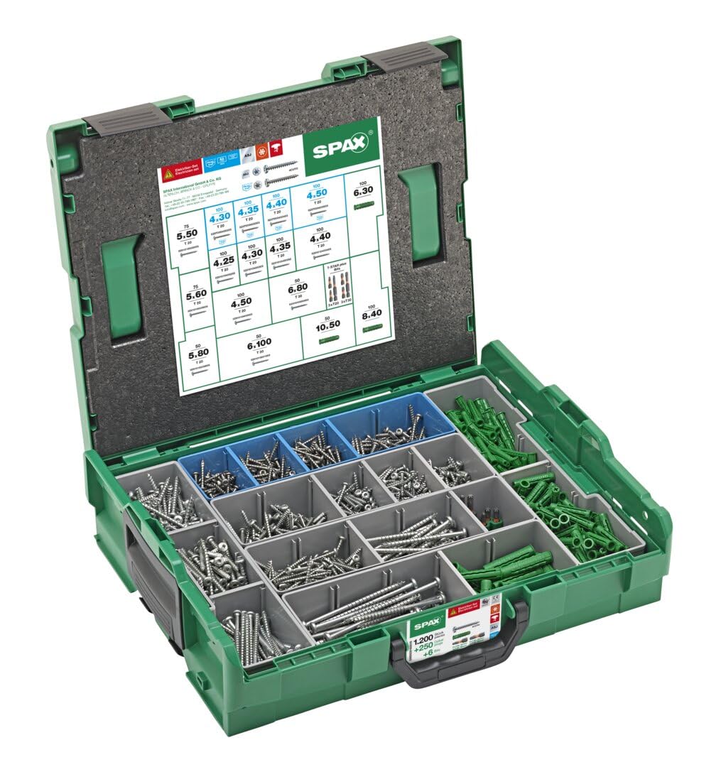 SPAX Maletín de montaje L-BOXX grande, juego de electricista con 1200 tornillos de cabeza semirredonda en 14 tamaños, 250 tacos a juego y 6 puntas T-STAR plus
