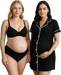 Camisola Blogueira com Botões, Sutiã Amamentação e Calcinha Pós Parto Thamires