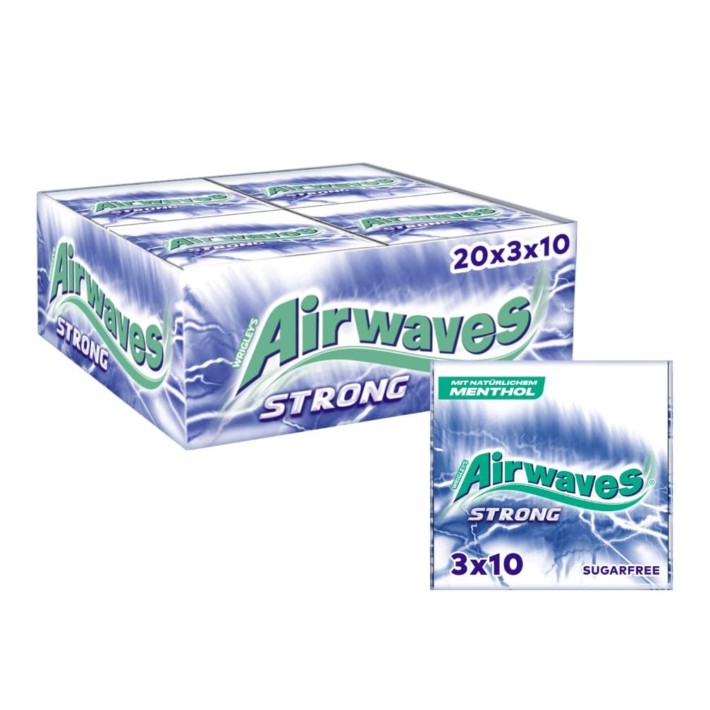 Airwaves Kaugummi Zuckerfrei, Strong s, 20 x 3 Packungen x 10 Dragees, Großpackung Chewing Gum, Mit Natürlichem Menthol, Kaugummi ohne Zucker mit Minz Frische (600 Dragees)