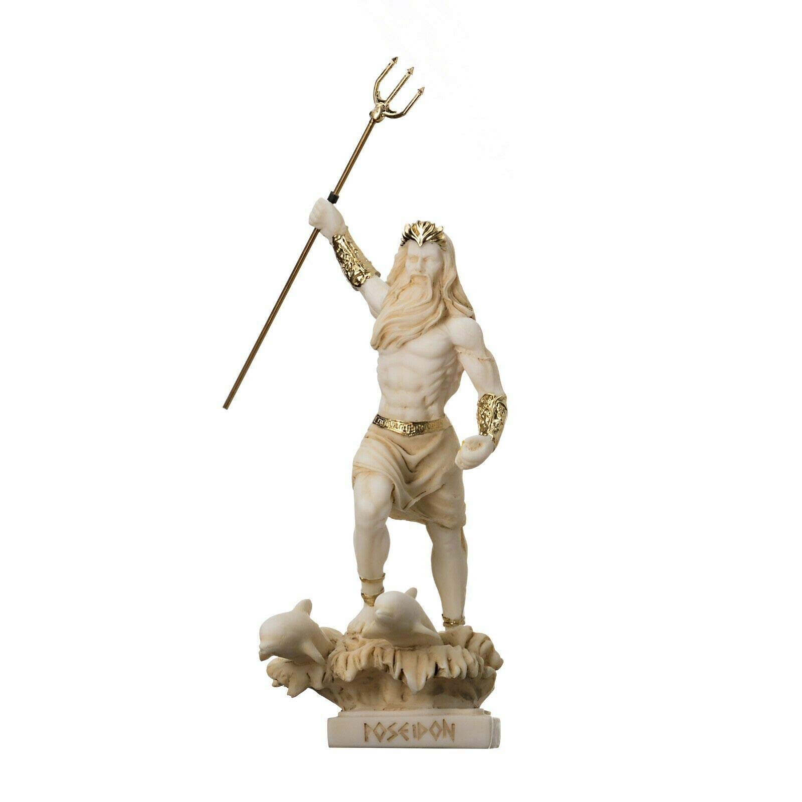 Beautifulgreekstatues Gold Poseidon Greek God Of The Sea With Trident Statue Figurine Alabaster 6.5"